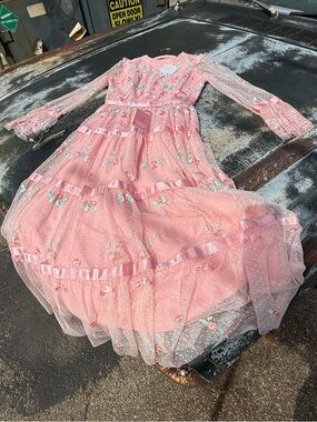 Ivy City Co Pink Floral Tulle Maxi Dress Embroidered Long Sleeve Romantic